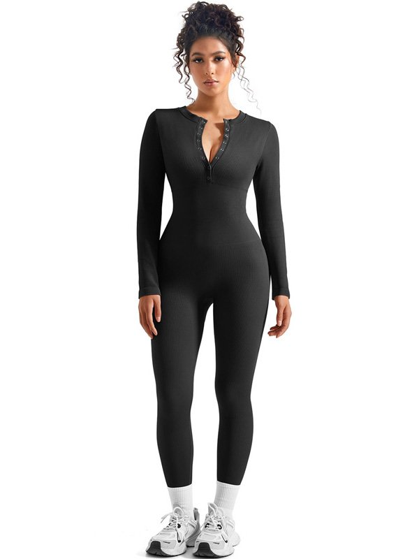 Black Ribbed Button Jumpsuit