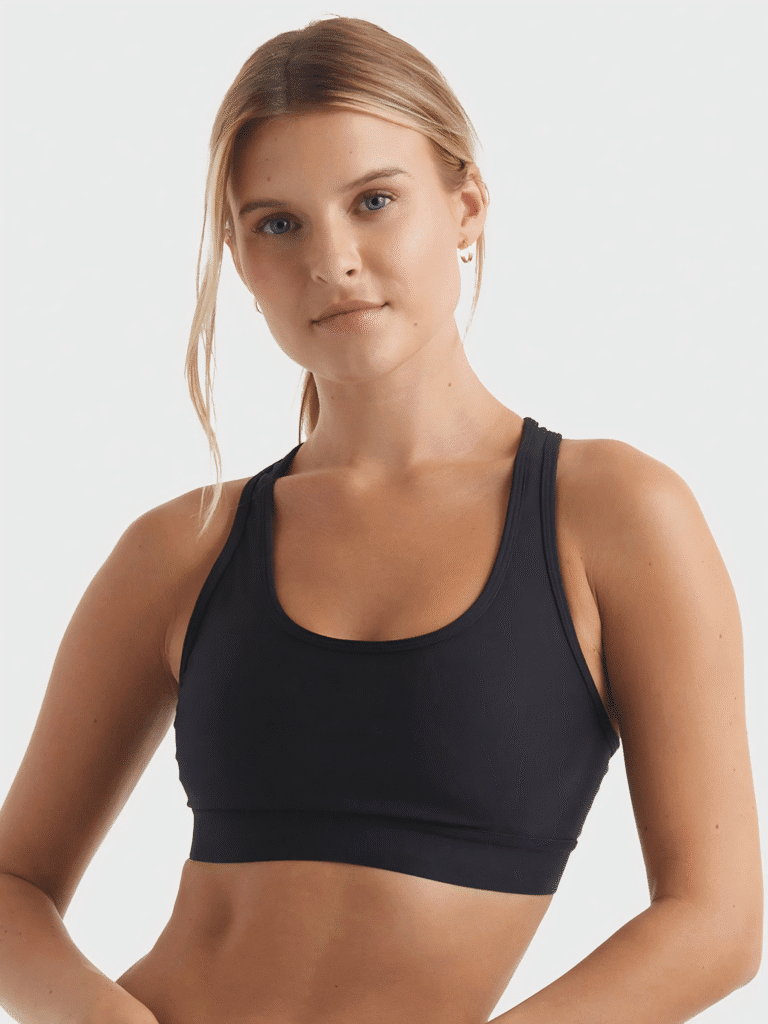 Woman wearing a simple black sports bra, with a neutral expression and soft lighting.