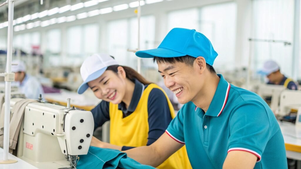 Two workers smiling while sewing in a bright factory, wearing caps and uniforms, with sewing machines in the background.