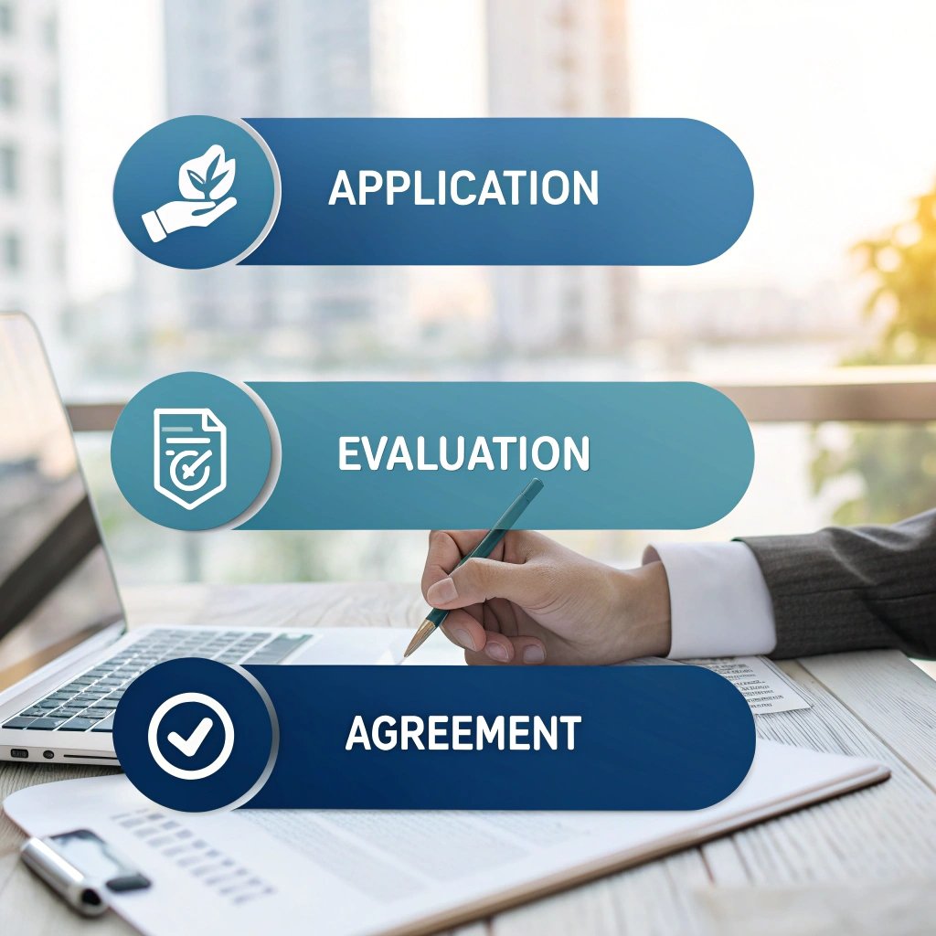 A graphic showing the steps of a process: Application, Evaluation, and Agreement, with corresponding icons and a person writing.