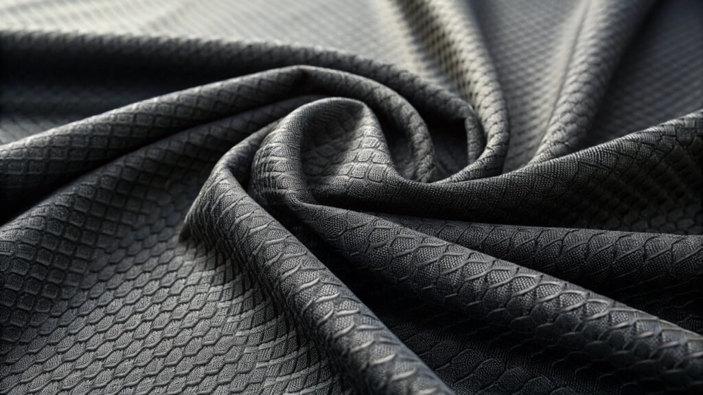 Close-up of textured black fabric with a subtle pattern, ideal for fashion design.