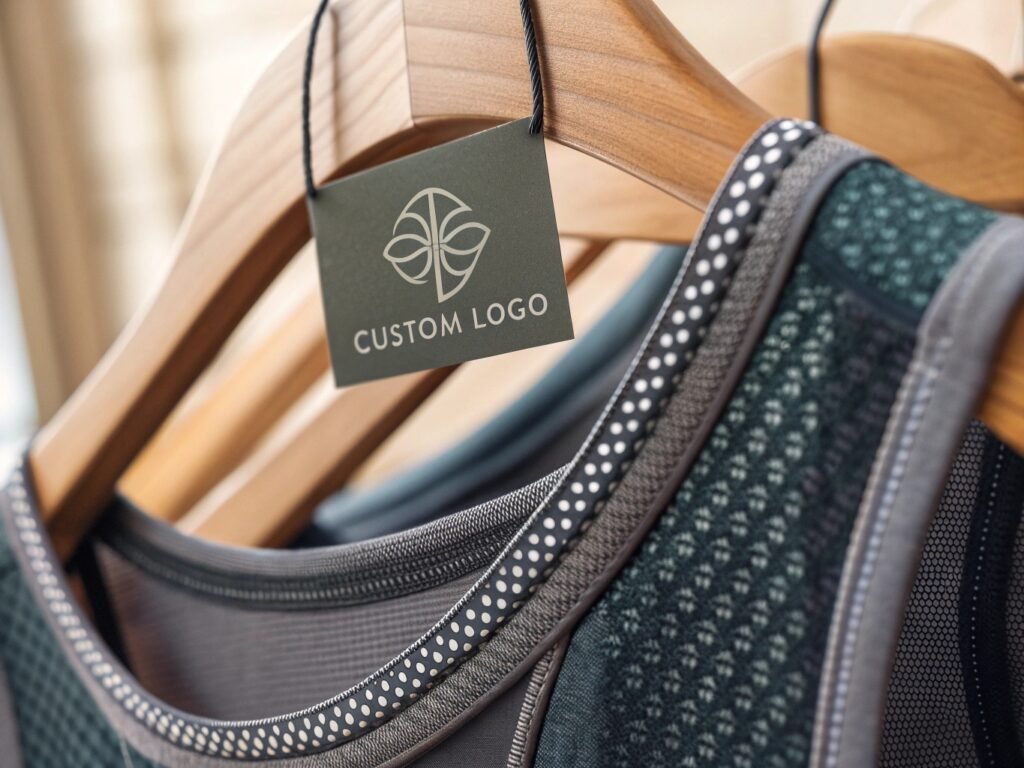 Close-up of custom logo tag on activewear hanging on a wooden hanger.