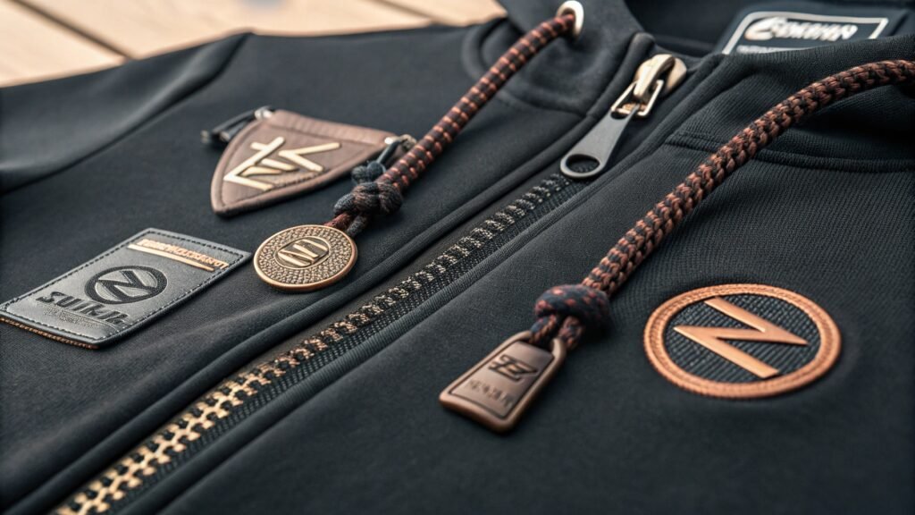 Close-up of black hoodie with branded patches, zipper, and intricate details on the drawstrings.