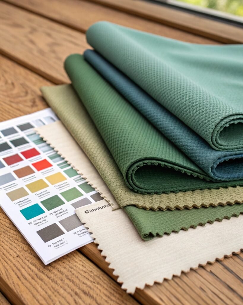Rolled fabric swatches in shades of green, with a color palette chart placed beside them on a wooden surface.