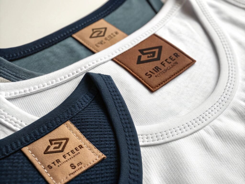 Close-up view of folded athletic shirts with stitched labels, showing brand tags and fine fabric textures.
