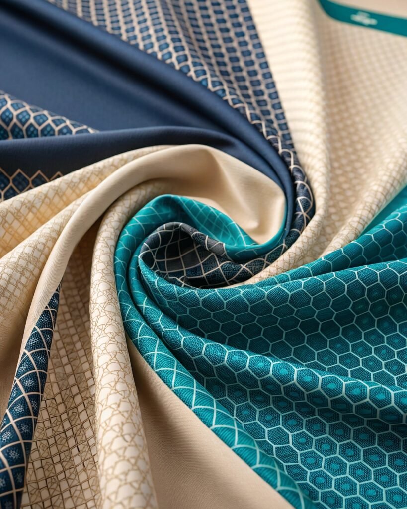 Close-up of fabric with various geometric patterns in shades of teal, navy, and cream, creating a dynamic texture.