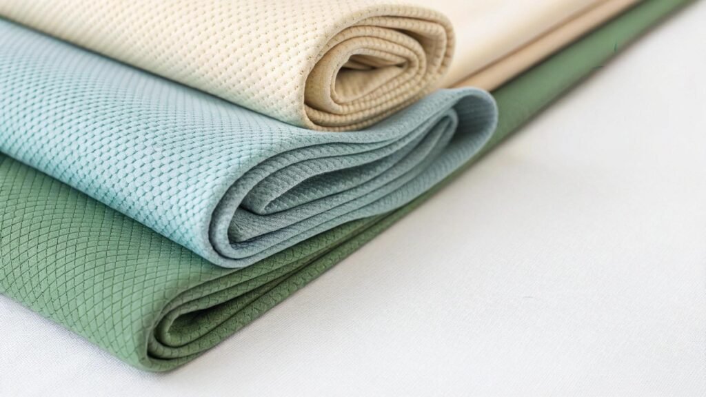 Rolled-up fabric in light green, blue, and beige colors, showing textured surfaces for textile use.