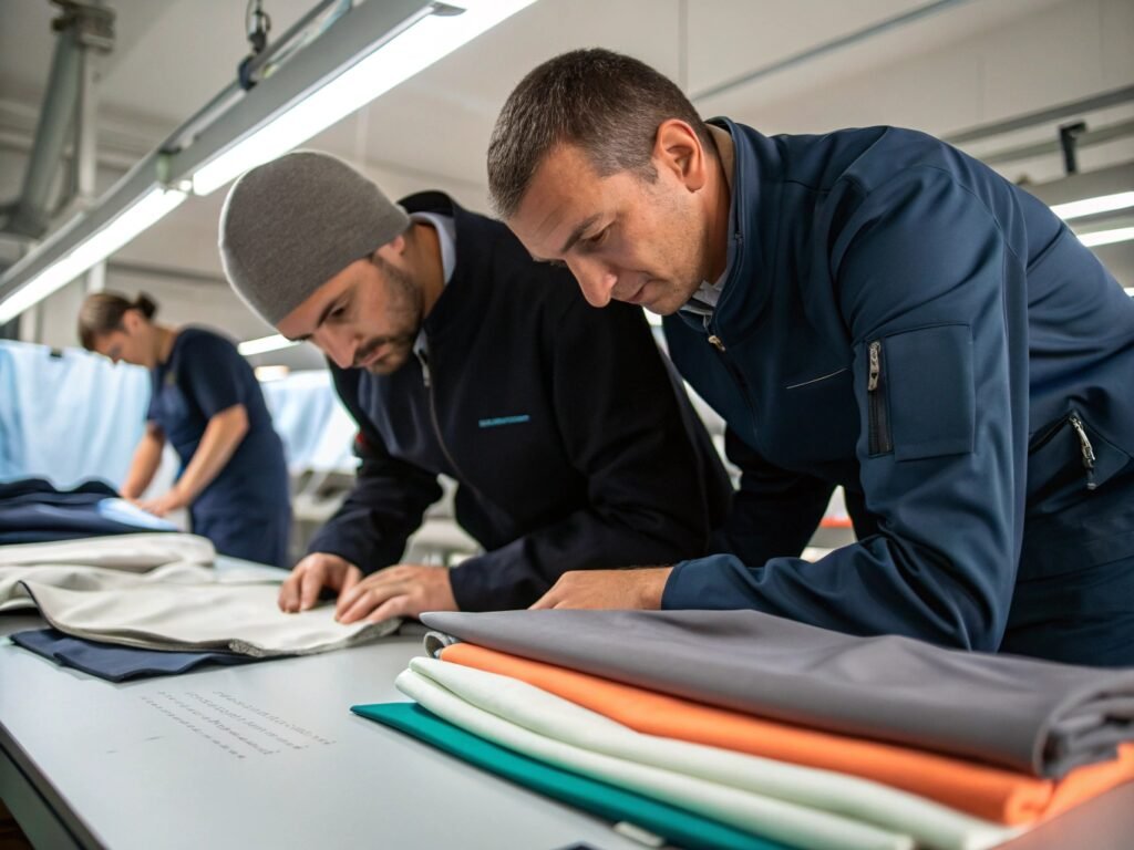 Workers Inspecting Fabric in Garment Factory