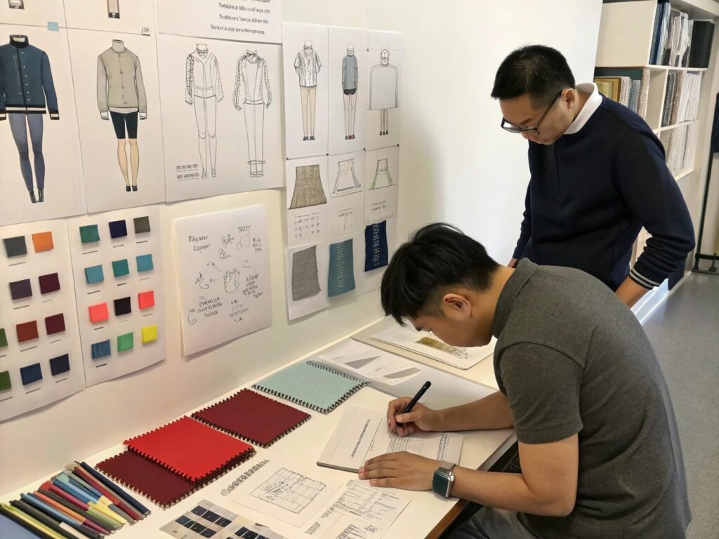 Designers Reviewing Sketched Concepts and Fabrics