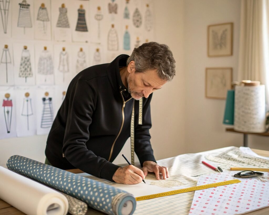 Fashion designer sketching garment designs on paper with a tape measure around their neck, fabric rolls on the table.