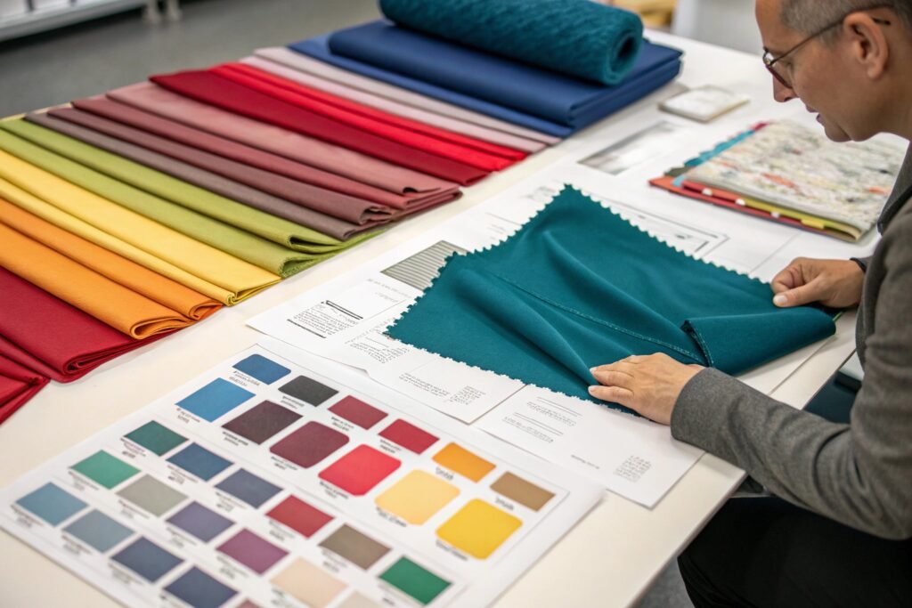 Designer examining fabric swatches from a collection of colorful textiles, with color palettes and design sheets on the table.