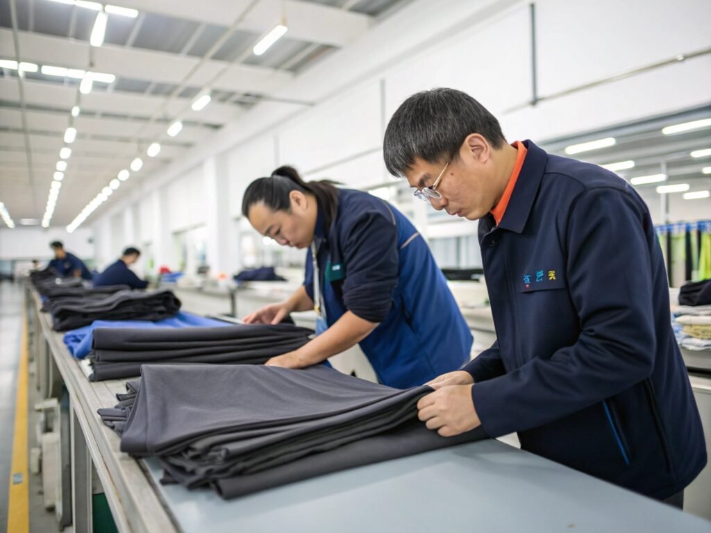 Workers carefully folding fabric in a bright factory with modern equipment, focused on quality control.
