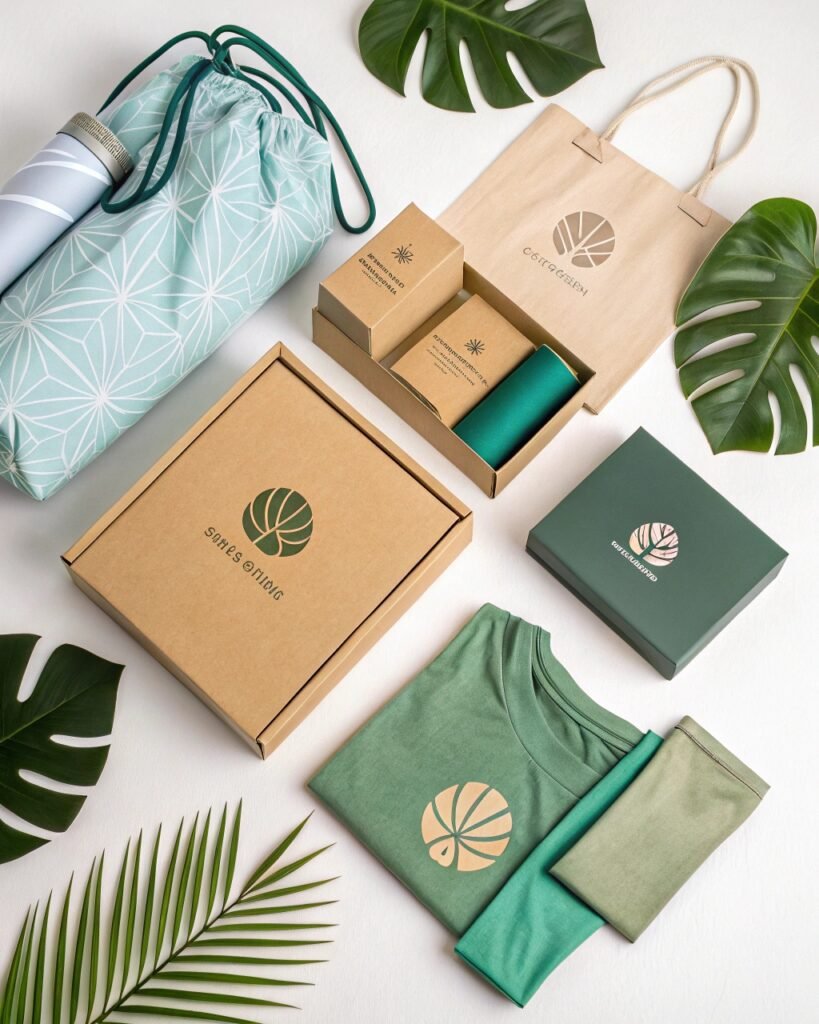 Eco-friendly packaging including a box, bags, and apparel with the brand logo, surrounded by leaves and sustainable items.