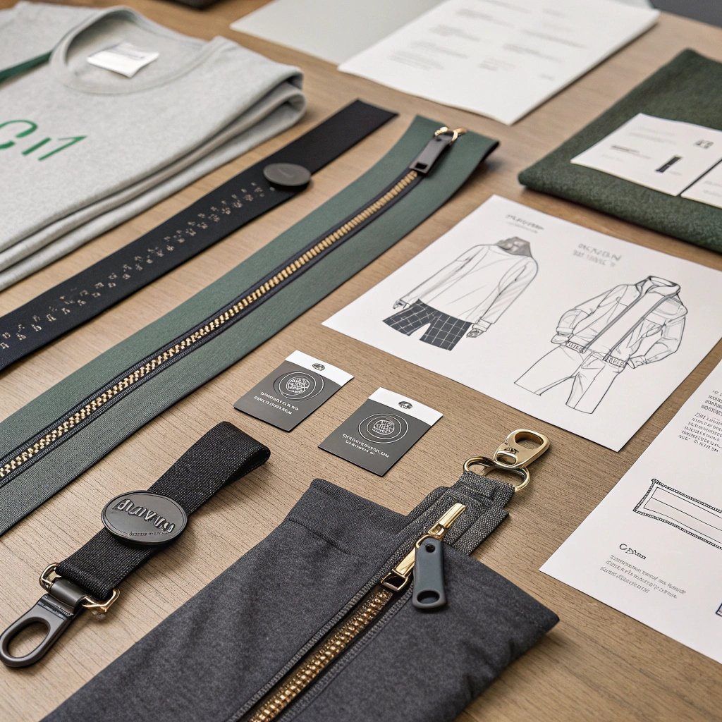 A display of clothing samples, zippers, tags, and design sketches on a wooden table for a fashion design project.