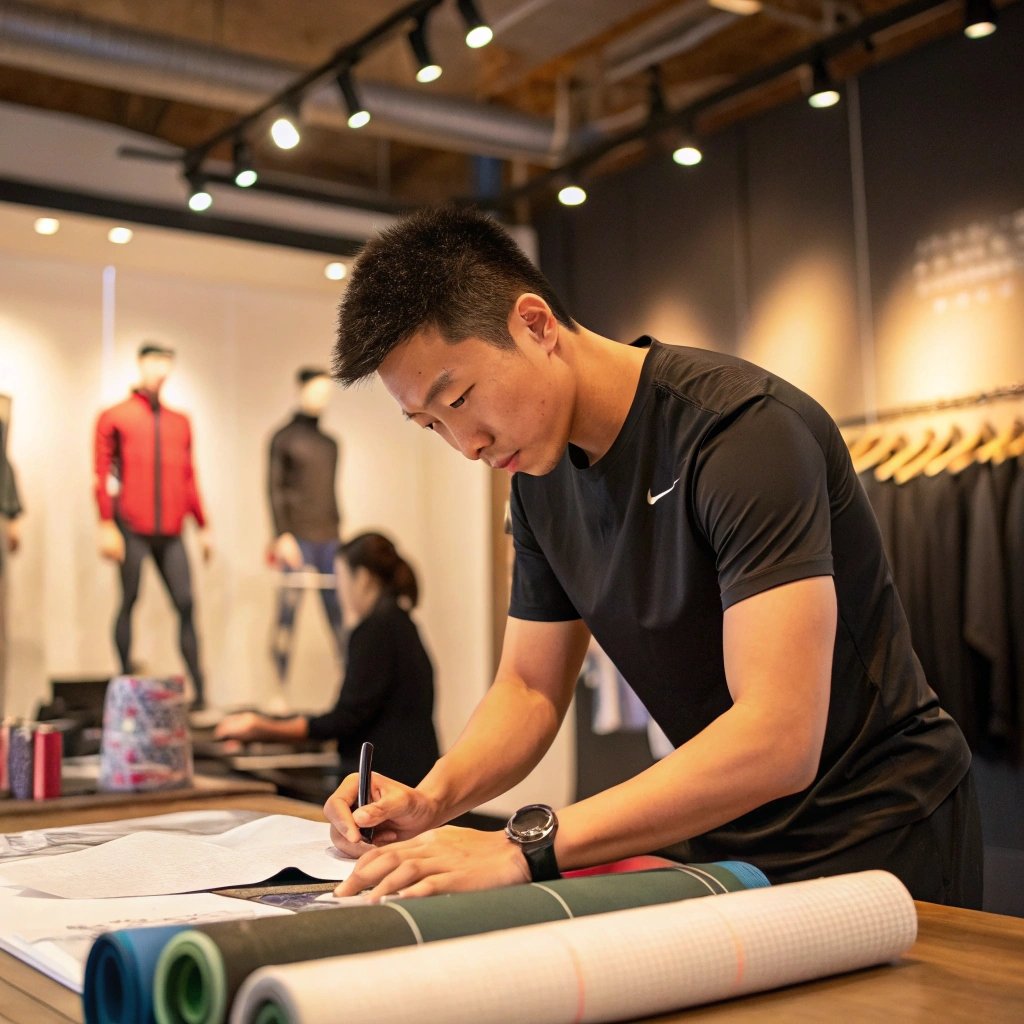 A man in a black athletic shirt works on a design or document, surrounded by workout clothing and rolled-up mats in a studio setting.