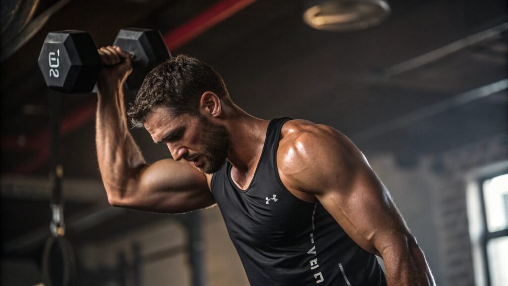Muscular man lifting dumbbell in gym while wearing a black athletic tank top.