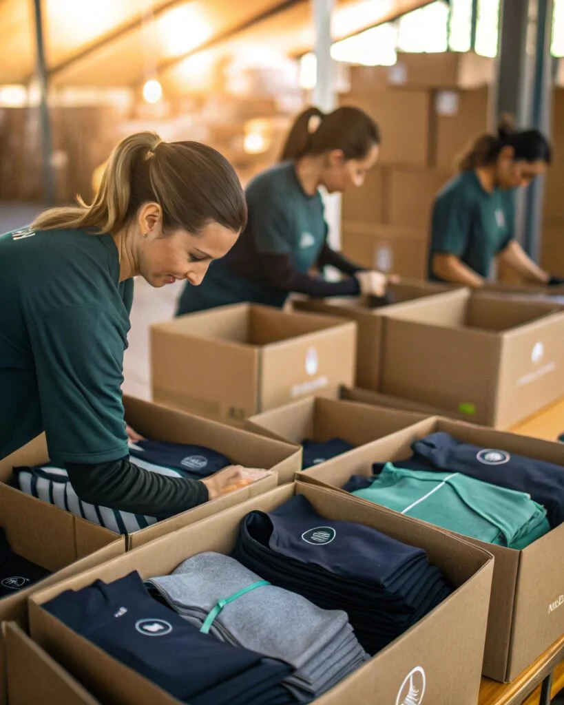 Workers packing neatly folded clothes into boxes in a bright warehouse, preparing them for shipment.