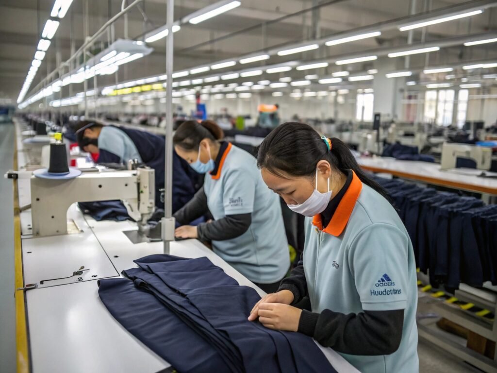 Workers in a clothing factory sewing garments at their stations, with a focus on one employee assembling pants.