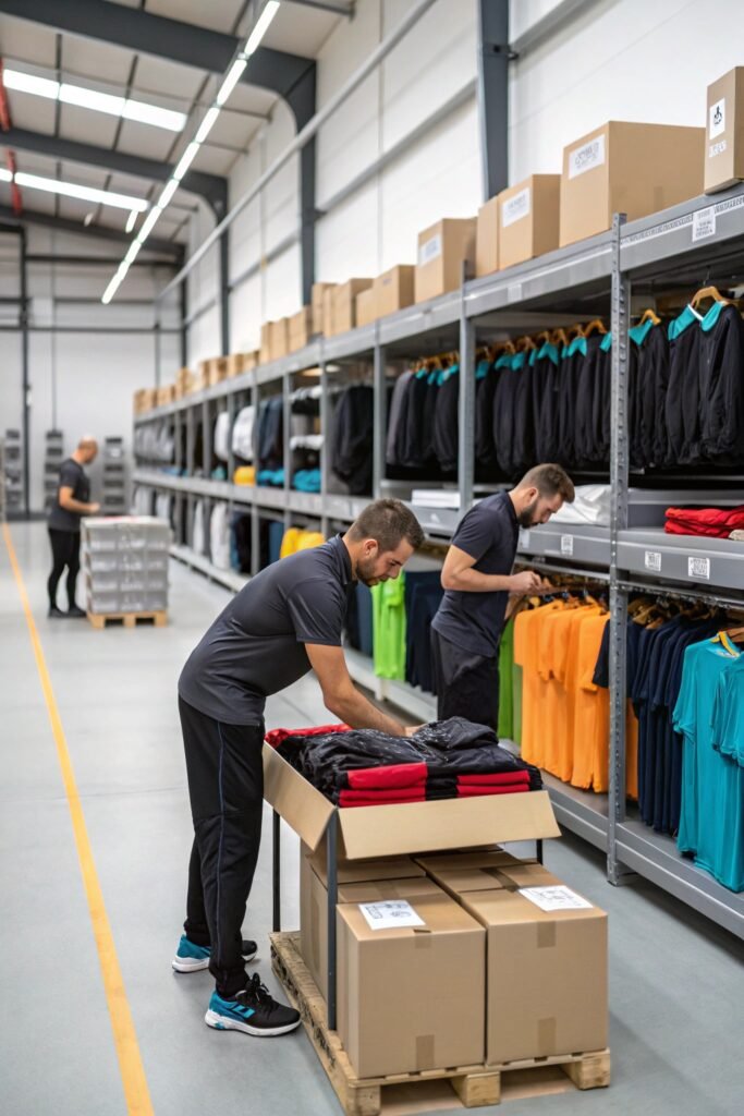 Workers sorting and packing t-shirts into boxes in a warehouse, with shelves full of colorful shirts in the background.