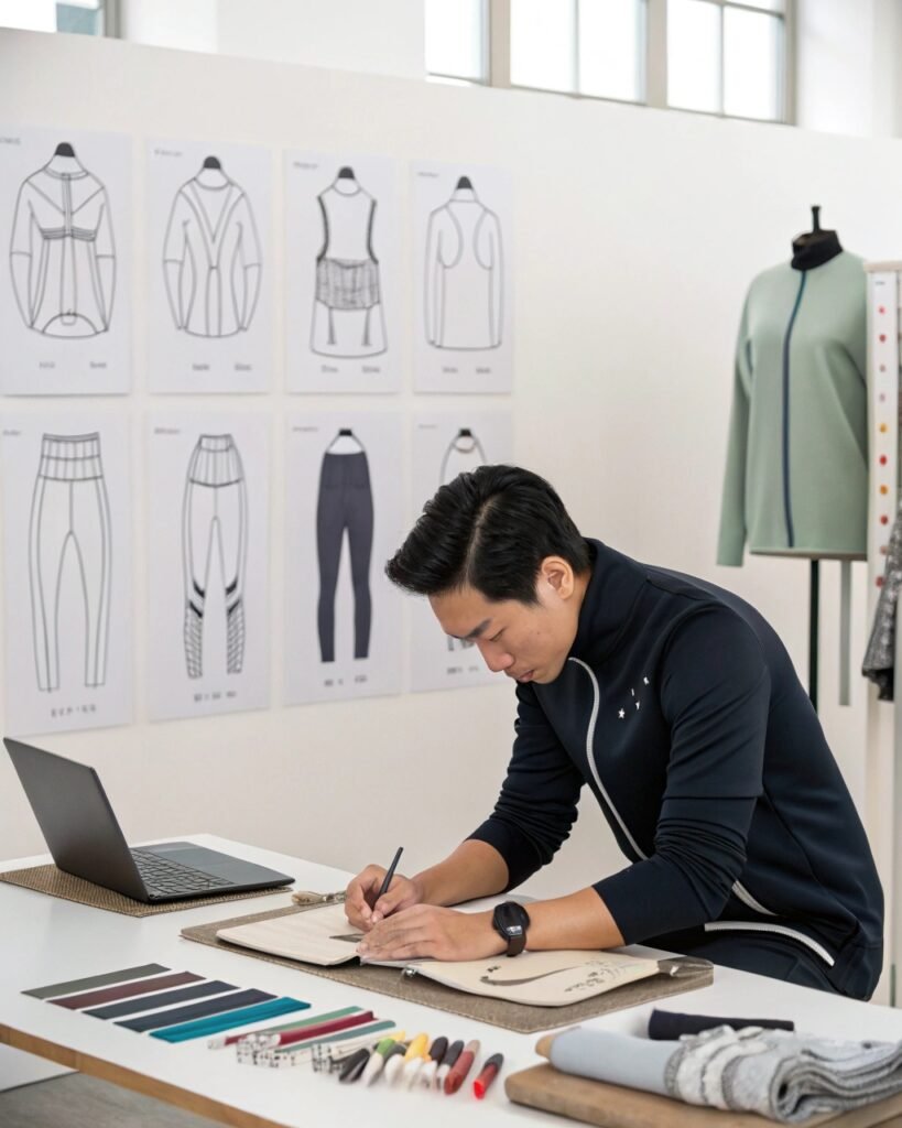 A designer sketches activewear clothing designs in a studio, surrounded by fabric swatches and design sketches on the wall.