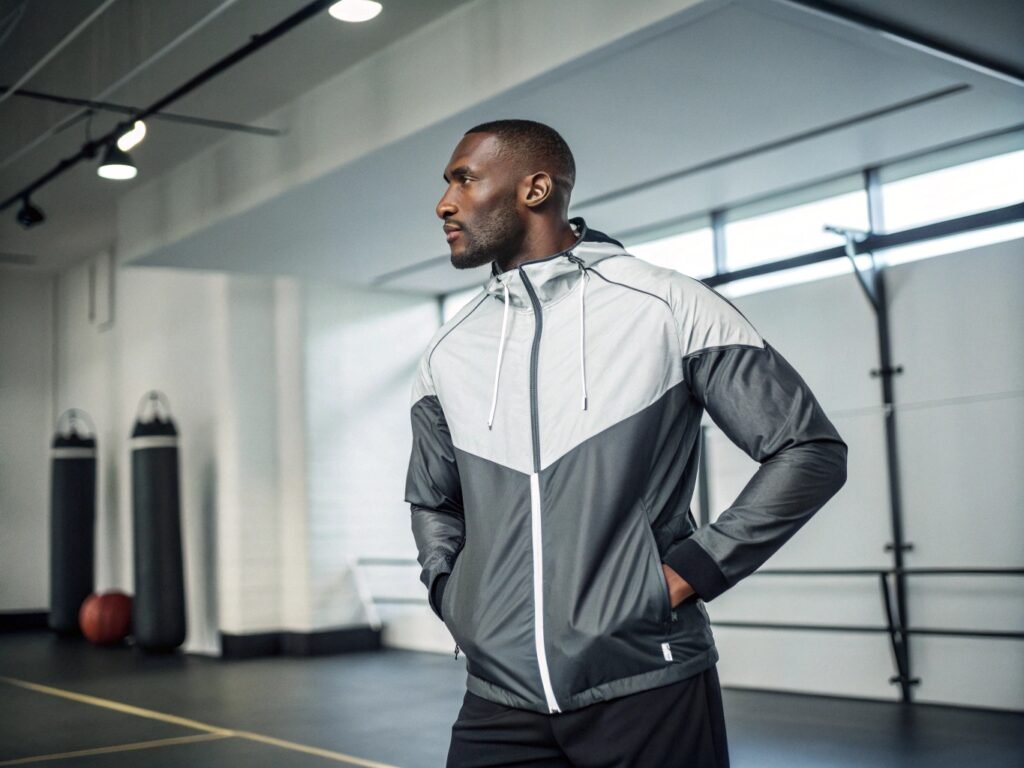 A man in a black and gray athletic jacket stands in a gym, with boxing bags and a basketball in the background.