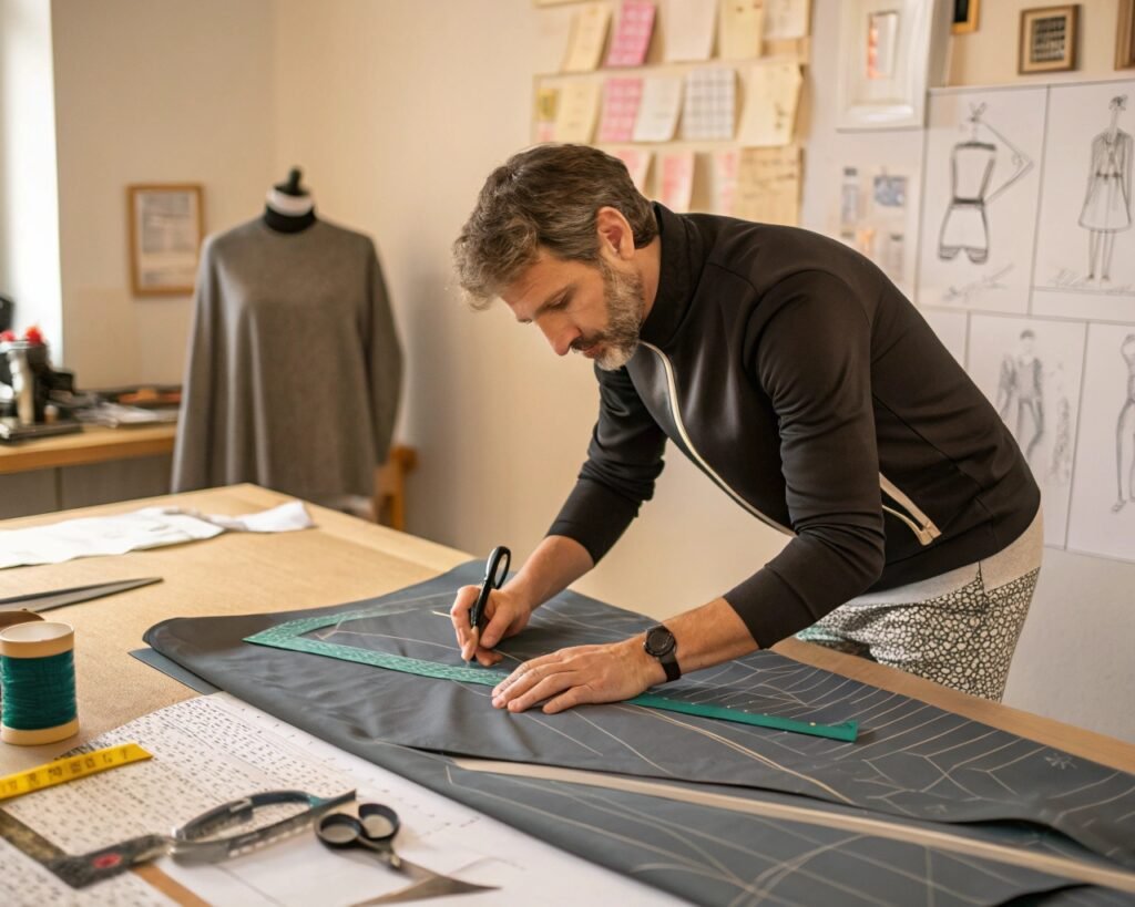Fashion designer working on a fabric pattern, marking and cutting fabric in a design studio, with sketches on the wall.