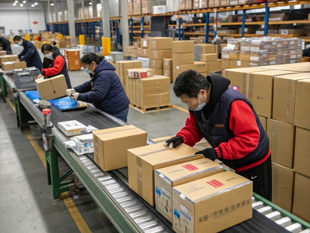 Workers packaging and sealing boxes on a conveyor belt in a warehouse, with shelves of products in the background.
