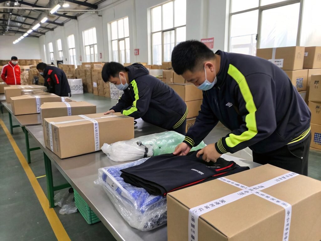Workers Packing Clothing for Shipment in Factory