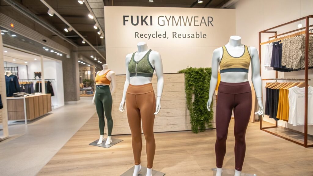 Display of gymwear on mannequins in a store, with a sign reading "Fuki Gymwear" emphasizing recycled and reusable materials.