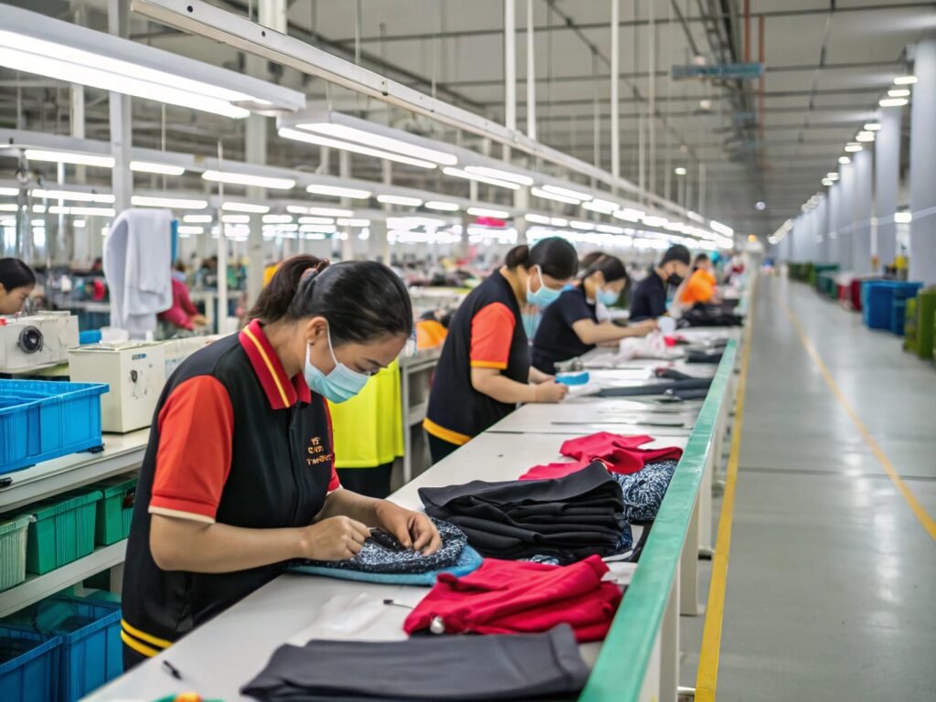 Workers in a clothing factory carefully inspect and fold garments on long tables, with machines and bins in the background.