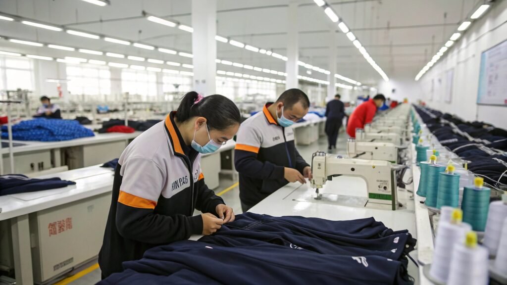 Workers sewing clothes on industrial sewing machines in a clean, well-lit garment factory.
