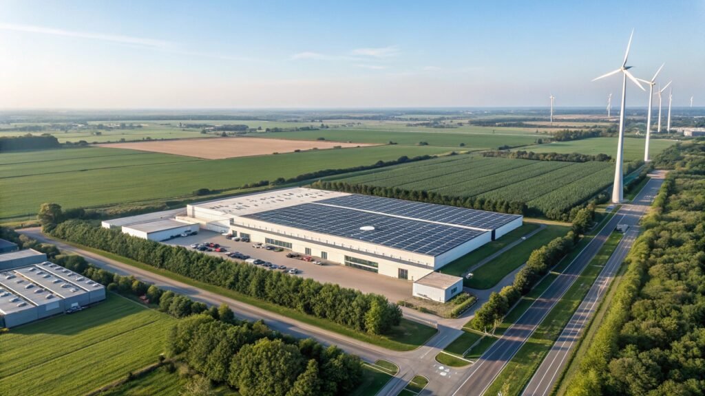 Sustainable Factory with Solar Panels and Wind Turbines