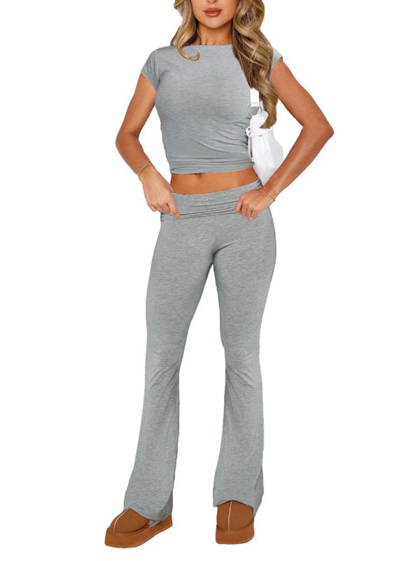 Grey Ribbed Flare Pants Set