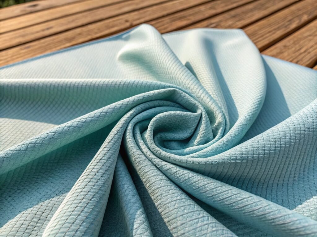 Light blue textured fabric with waffle pattern draped in spiral on wooden surface.