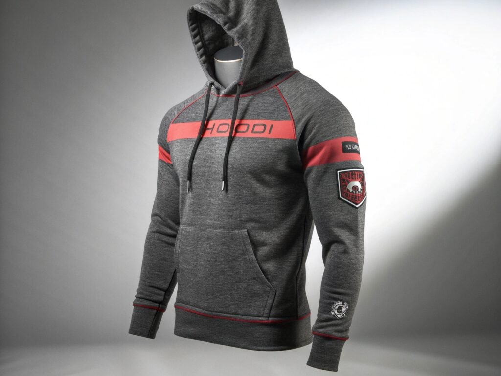 Gray and red athletic hoodie with graphic patches and front pocket on mannequin.