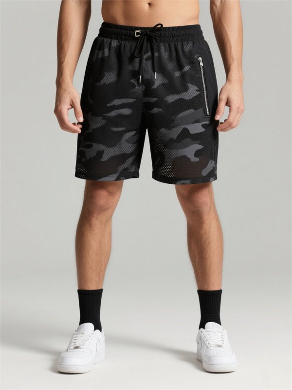 Gray Mesh Shorts with Stripes