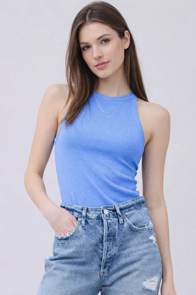 Soft Blue Ribbed High Neck Tank